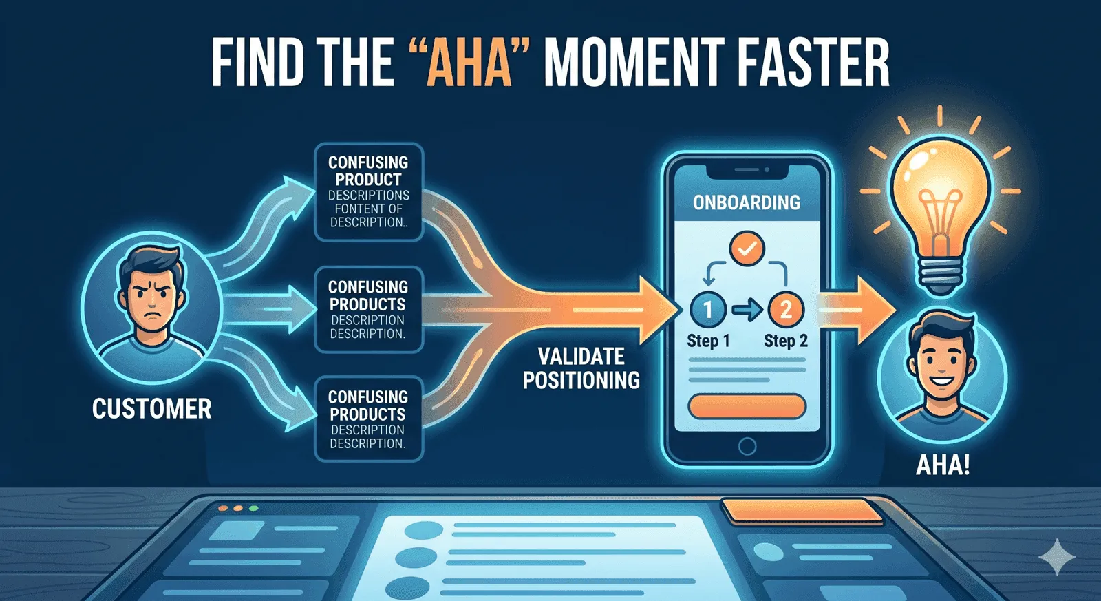 Diagram: turn confused customers into activated users by validating positioning and guiding them through onboarding to the 'Aha!' moment