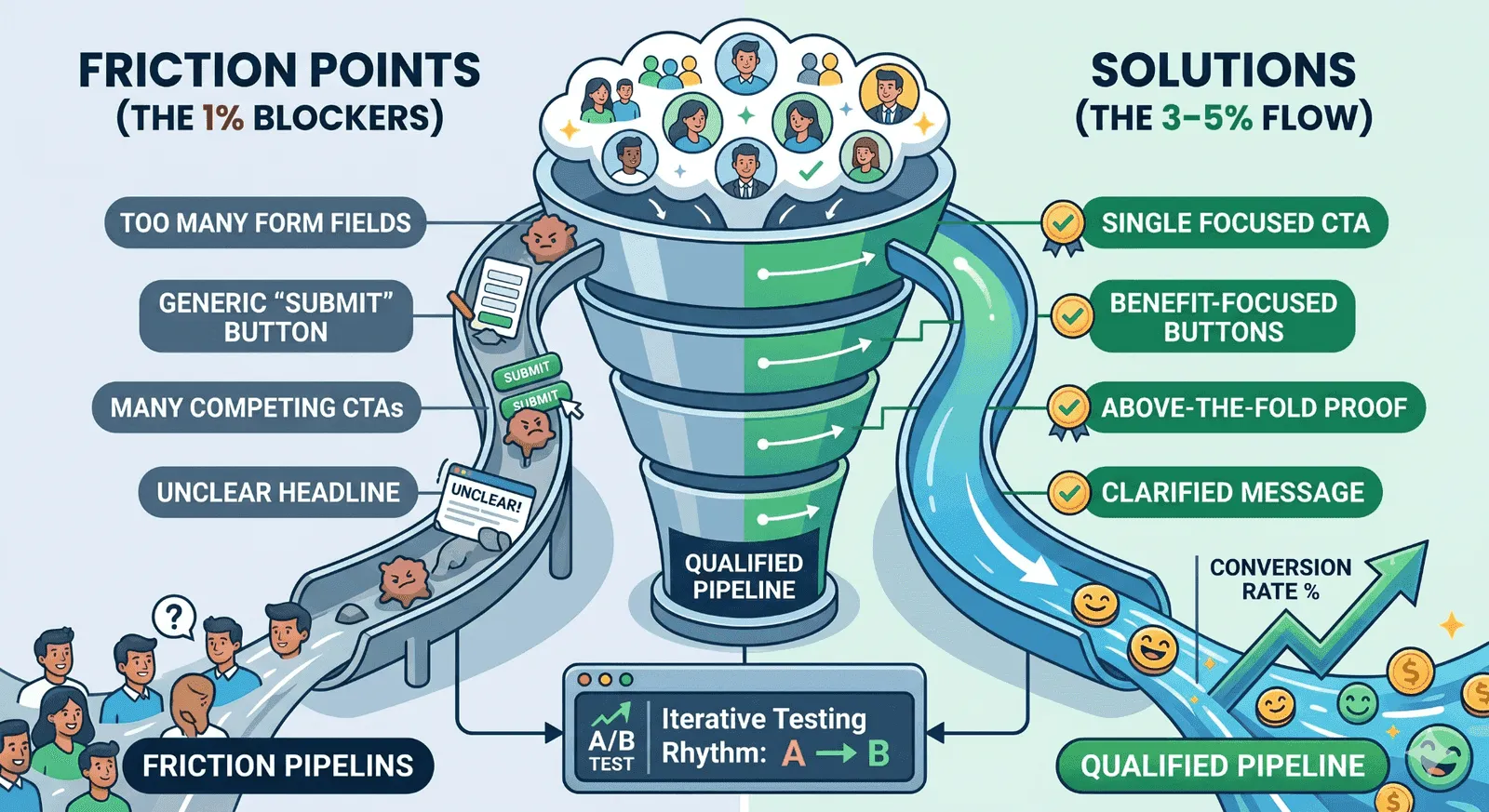 Friction points (1% blockers) — too many form fields, generic submit buttons, competing CTAs, unclear headlines — vs solutions (3–5% flow): single focused CTA, benefit-focused buttons, above-the-fold proof, clarified message, and an iterative A/B testing rhythm