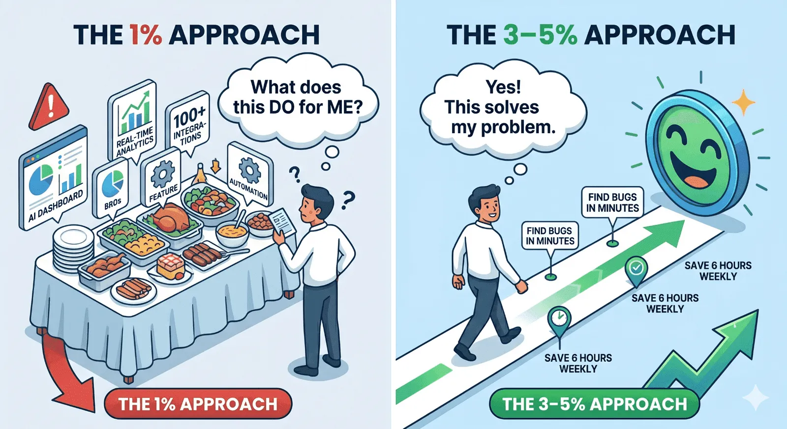 Comparison of the 1% approach (overwhelming feature buffet) vs the 3–5% approach (focused, outcome-led path) for landing pages