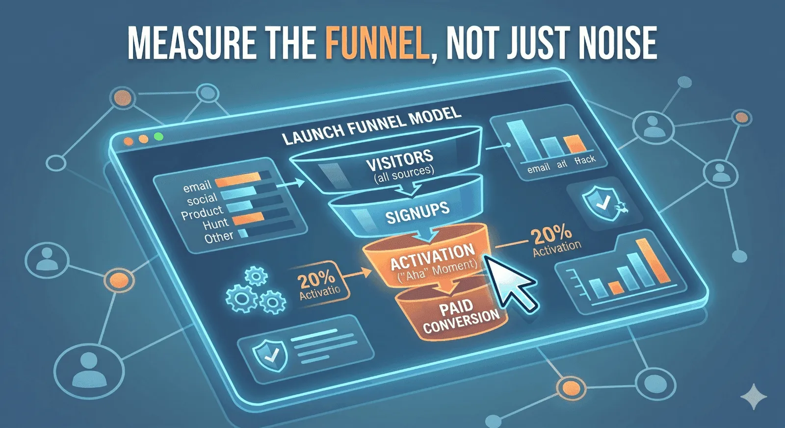 Launch funnel model diagram showing visitors, signups, activation ('Aha' moment) and paid conversion across email, social and Product Hunt sources