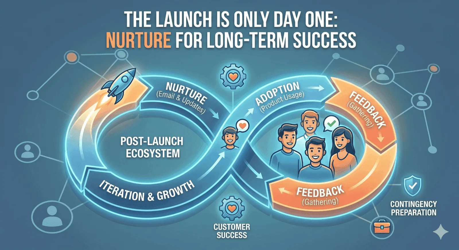 Post-launch ecosystem loop: nurture, adoption, feedback and iteration cycle for long-term product success