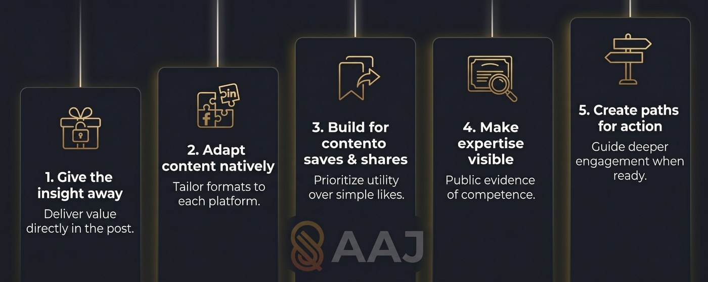 The five principles of effective zero-click marketing: give the insight away, adapt content natively, build for saves and shares, make expertise visible, and create paths for action.