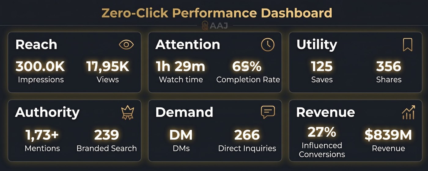 Zero-click performance dashboard with six categories: reach, attention, utility, authority, demand and revenue.