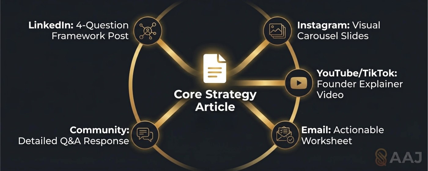 The content repurposing engine: one core strategy article atomised into LinkedIn, Instagram, YouTube and TikTok, email, and community assets.