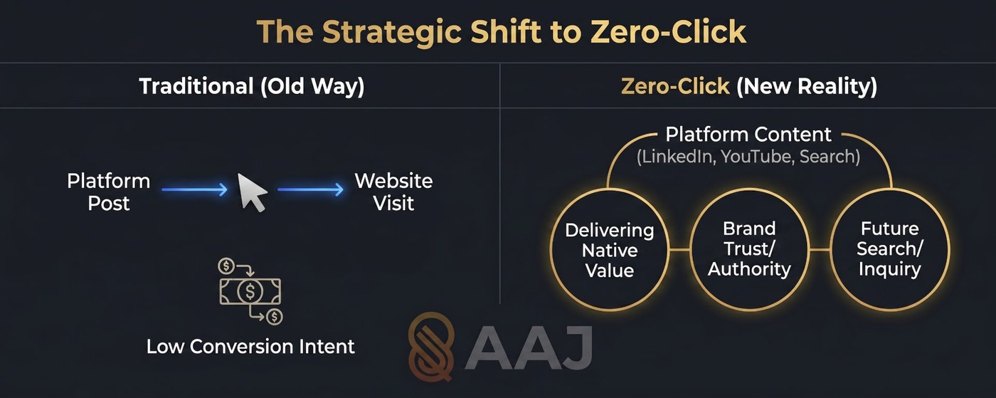 Comparison of the traditional approach — platform post leading to a website visit with low intent — against the zero-click reality, where platform content delivers native value, brand trust and future search demand.