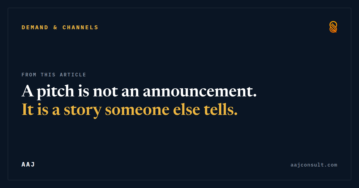 Quotation from the article: A pitch is not an announcement. It is a story someone else tells.