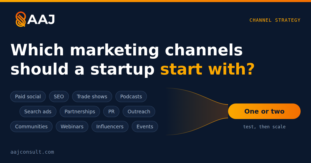 Cover for 'Which marketing channels should a startup start with?': a dozen channel ideas such as paid social, SEO, partnerships and events narrow through a funnel to one or two channels to test, then scale.